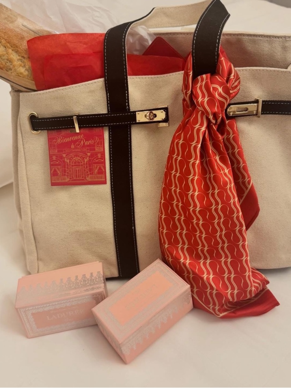 Canvas Tote with Dark Brown Trim and Red Scarf
